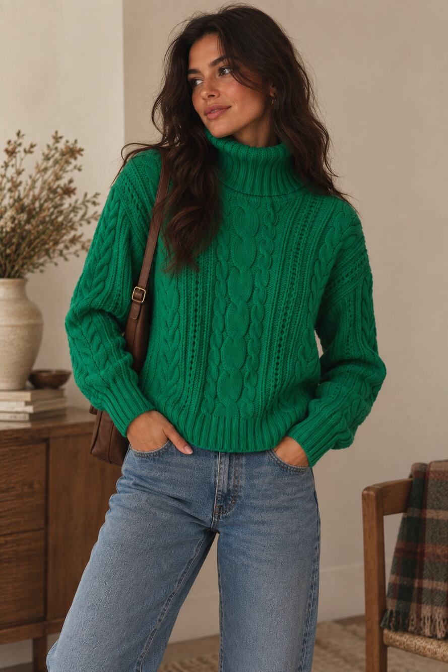 Vintage 90s GAP Chunky Cable Knit Turtleneck Sweater Green Size S 100% Cotton